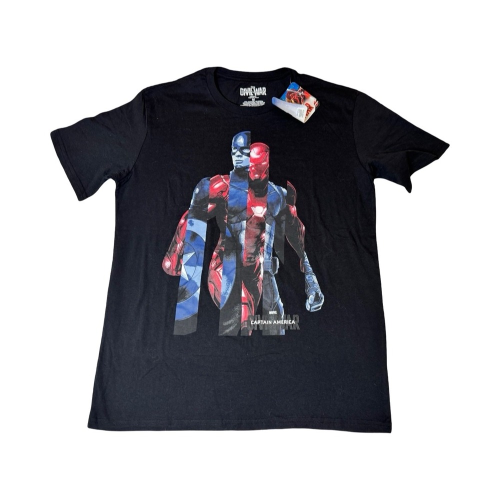 Captain America Civil War Adult New T-Shirt - 2 Part Iron Man Cap Interspersed